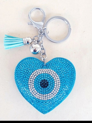 Keychain charm heart eye faux leather like new, turquoise silver