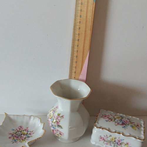 Vintage Limoges France porcelain set, 3 pieces (vase, trinket box & dish)