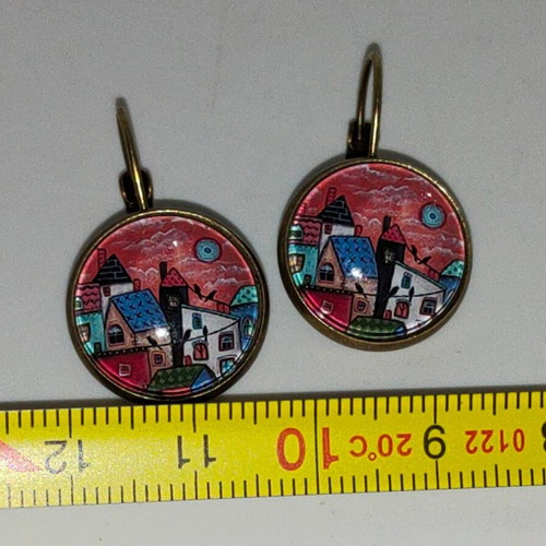 Handmade earrings with painted landscape, like new