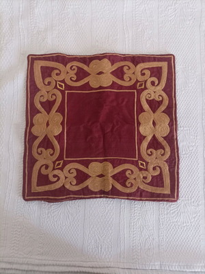 Pillowcase used, square burgundy with gold embroidery 40x40cm