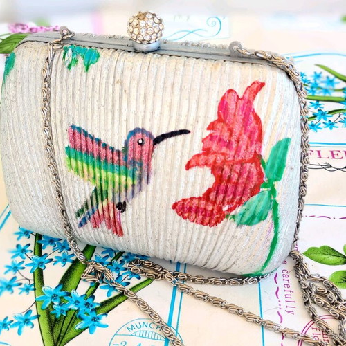 Vintage clutch shoulder bag refurbished with handmade hummingbird pattern silver multicolor
