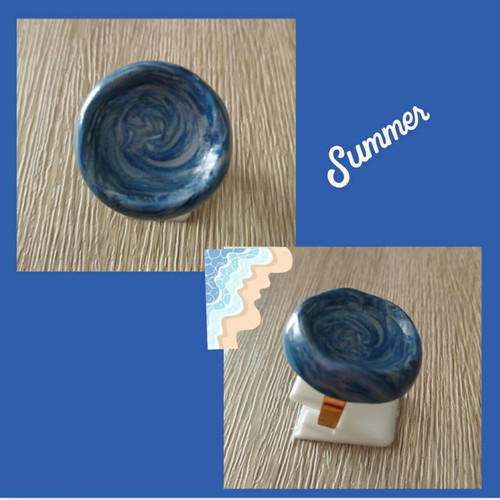 Ring with blue and white marble-like design, adjustable steel base, made to order
