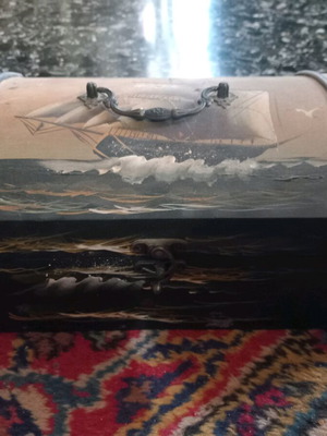 Vintage wooden chest with seascape used