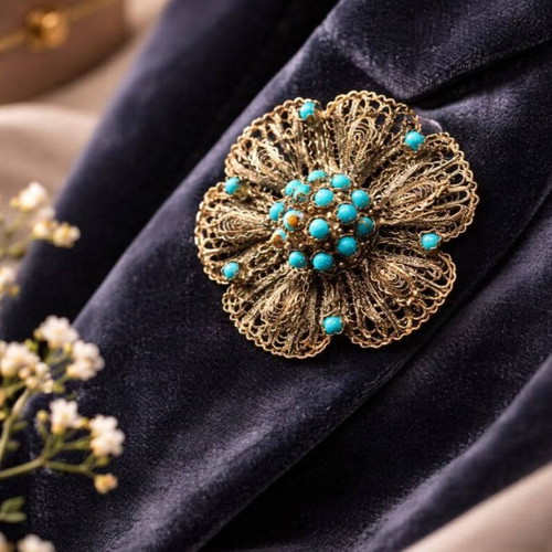 Vintage silver brooch used with turquoise stones