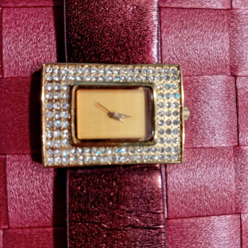 Oriflame women's watch new, gold dial with crystals, burgundy strap
