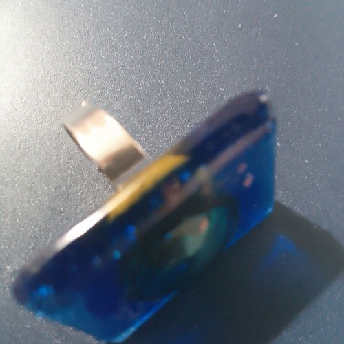 Handmade glass ring in blue and green with gold flakes, new, adjustable