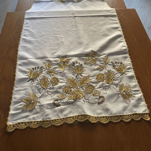 Handmade Gold Embroidered Satin Runner with Lace and Roses