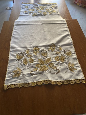 Handmade Gold Embroidered Satin Runner with Lace and Roses