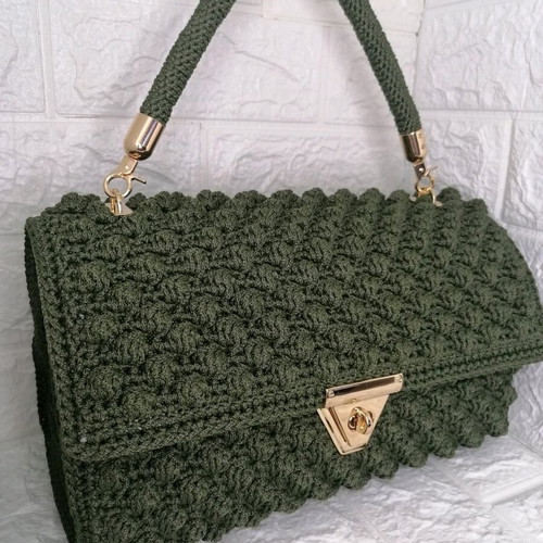 Handmade knitted handbag new, olive green with gold clasp