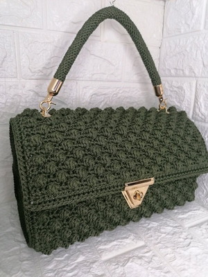 Handmade knitted handbag new, olive green with gold clasp