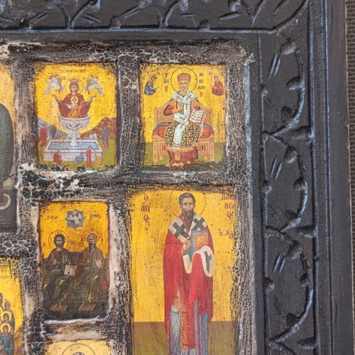 Vintage religious icon composition on carved wood, 33x26 cm