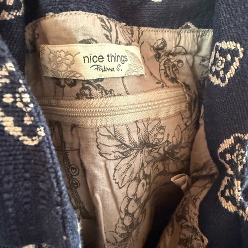 Nice Things shoulder bag used, cotton and leather, navy with pattern