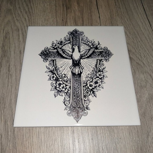 Ceramic tile with cross and Holy Spirit engraving new 15x15 cm