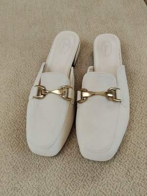 Beige loafers with gold buckle, like new, size 37