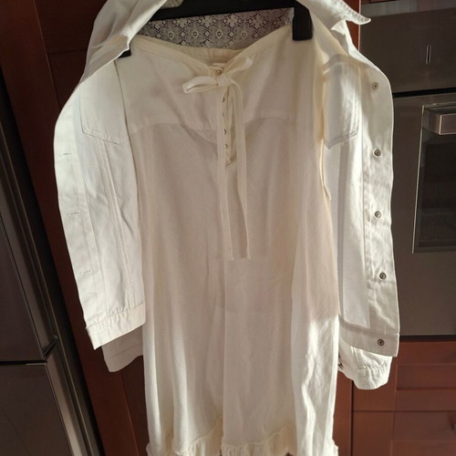 Anna Riska linen skirt and cotton denim jacket set with lace, like new