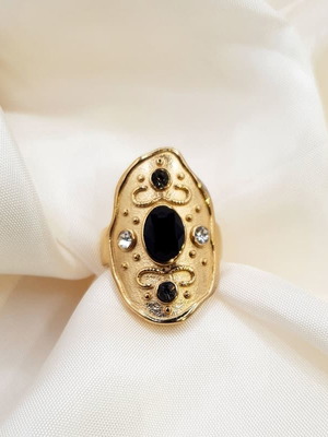 Steel women's ring new, gold color with black and clear stones