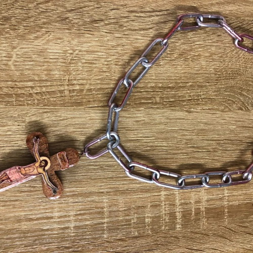 Industrial Blood-Splatter Paperclip Chain with Wooden Icon Crucifix Pendant new