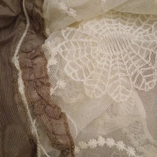Long thin scarf with lace used, cotton, two-tone light brown and ecru