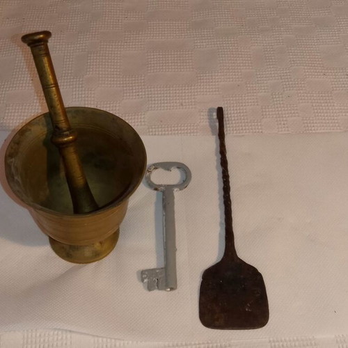 Antika forged cooking utensils 1840-1890 used, rare collectible set of 3