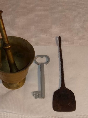 Antika forged cooking utensils 1840-1890 used, rare collectible set of 3