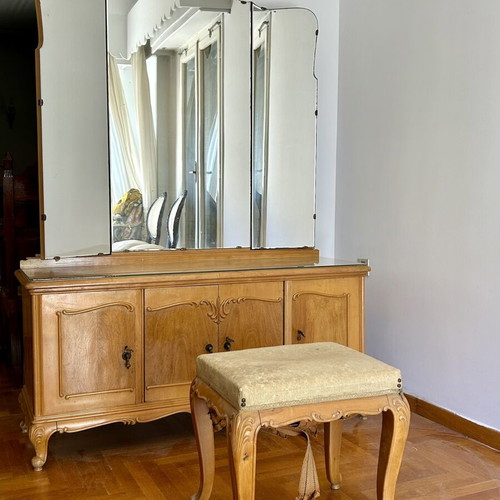 Vintage Bedroom Vanity with Triple Mirror and Stool from 1960s, like new