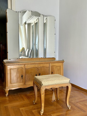 Vintage Bedroom Vanity with Triple Mirror and Stool from 1960s, like new