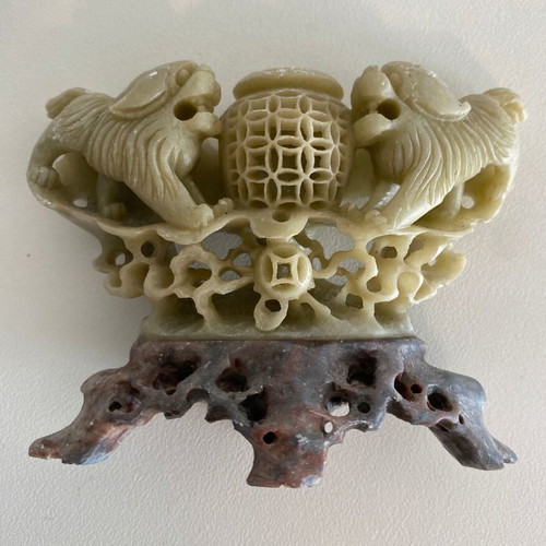 Vintage Chinese carved soapstone incense burner with Foo Dogs used