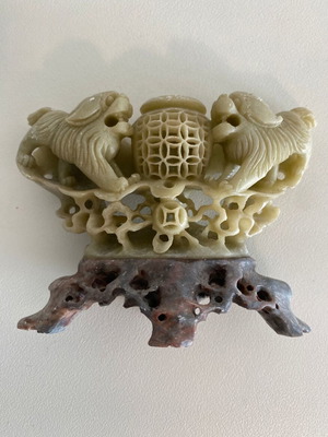 Vintage Chinese carved soapstone incense burner with Foo Dogs used
