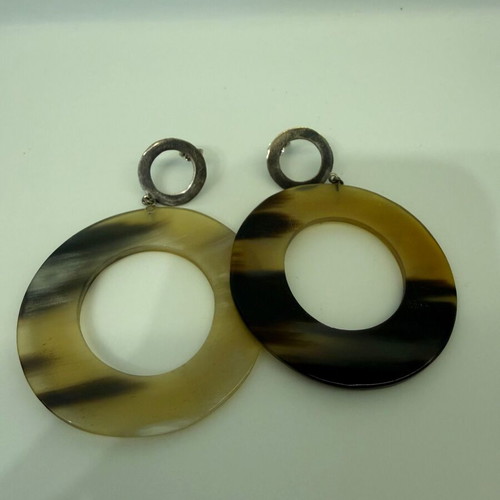 Horn earrings used, natural beige with silver organic ring