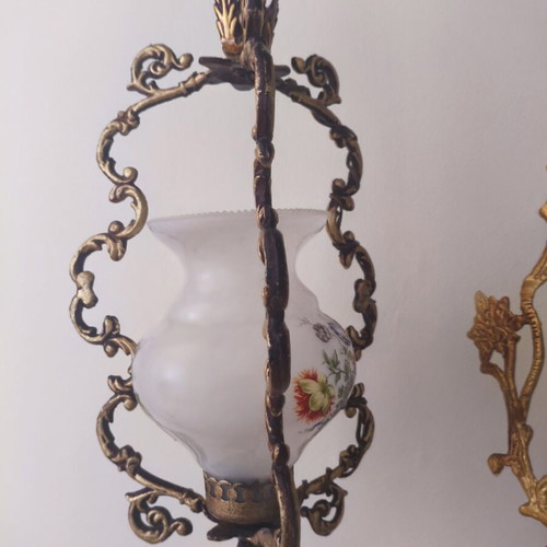 Vintage hanging ceiling lights, set of 2, brass and opaline