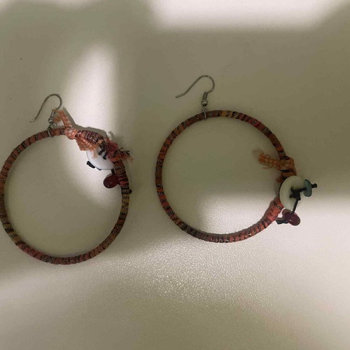 Hoop earrings used with fabric and threads red and pink