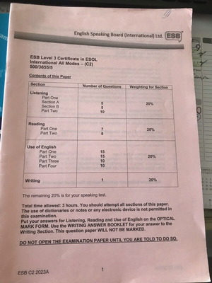 ESB C2 Exam Paper 2023 used, Proficiency level practice material