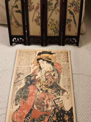 Oriental decoration set: 4-panel double-sided tabletop screen & Ukiyo-e art print