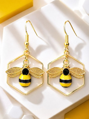 Χειροποίητα γεωμετρικά σκουλαρίκια Summer Honeybee καινούργια, μαύρο και κίτρινο