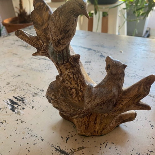 Handmade ceramic decorative owls and tree branch with squirrel and bird new