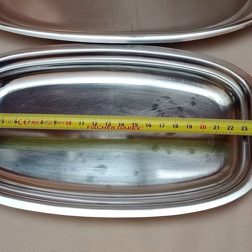 Stainless Steel Serving Trays used, set of 2, one Corona