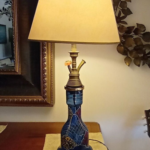 Vintage handmade table lamp with thick blue glass and brass, like new