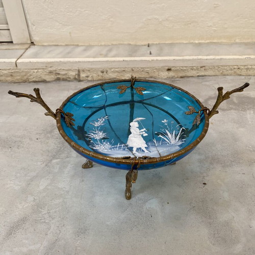 Jardiniere decorative bowl used, Victorian blue glass with Mary Gregory painting