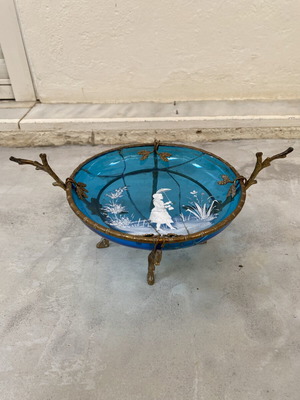 Jardiniere decorative bowl used, Victorian blue glass with Mary Gregory painting