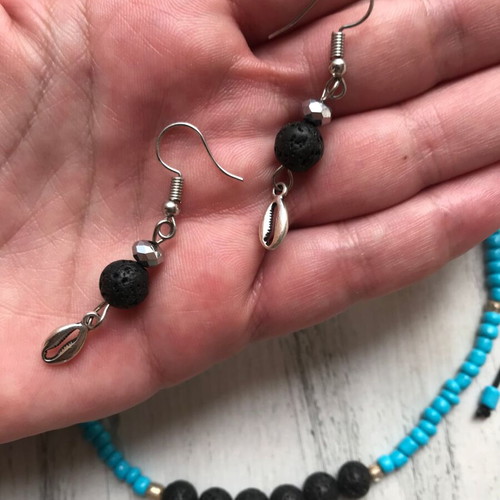 Summer jewelry set necklace and earrings with black lava, turquoise beads, and metal shells new