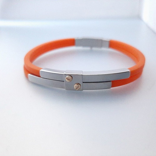 Steel bracelet with orange rubber and K18 gold new