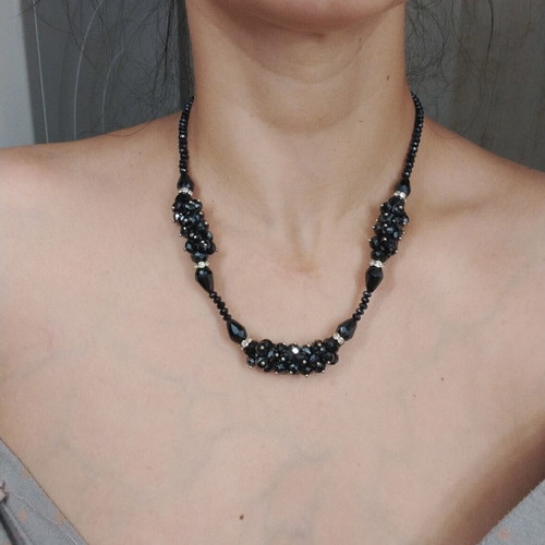 Vintage black blue necklace with beads and sparkling details, like new