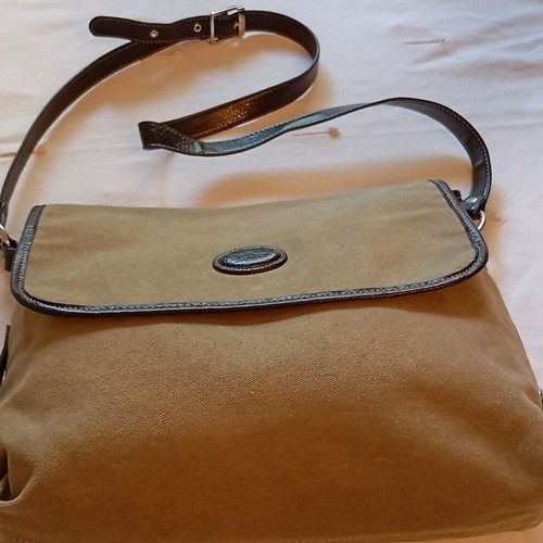 Women's crossbody bag like new, khaki fabric with brown leather straps
