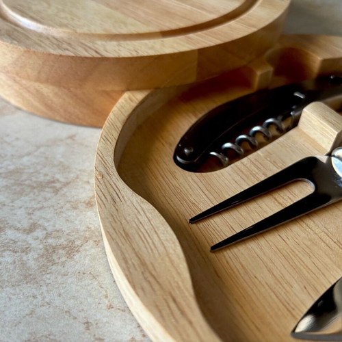 Cheese and wine set unused with wooden holder and stainless steel