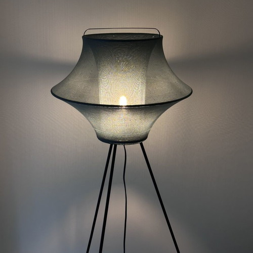 IKEA floor lamp used, dark blue fabric shade, tripod legs