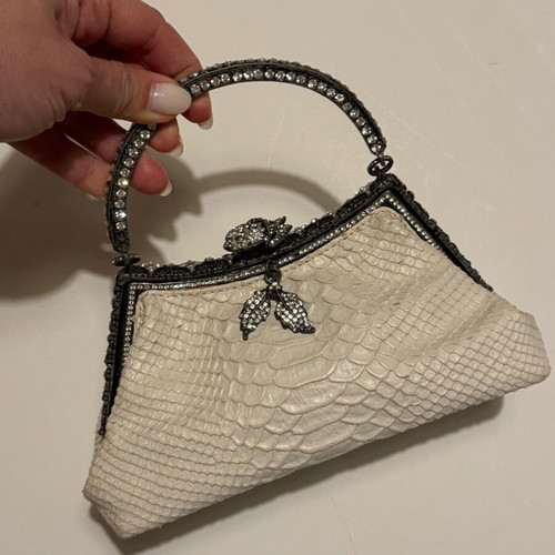 Vintage leather Besso evening bag with rhinestones like new, white