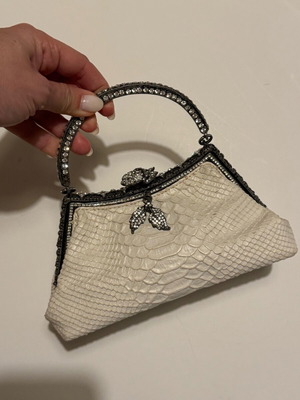 Vintage leather Besso evening bag with rhinestones like new, white