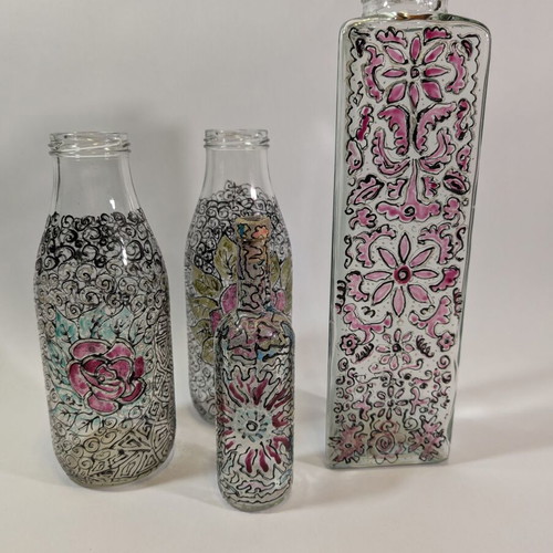 Decorative enamel-painted bottles vases used, set of 4 pieces