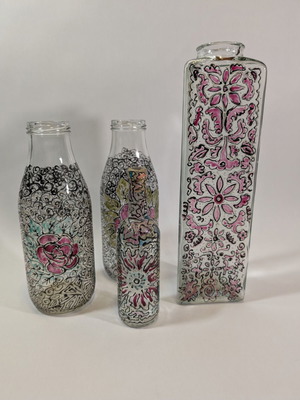 Decorative enamel-painted bottles vases used, set of 4 pieces