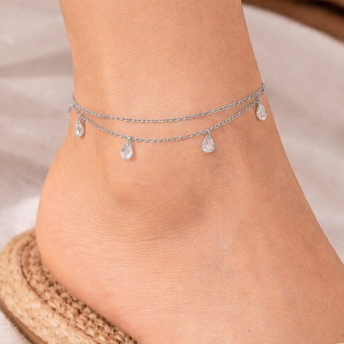 Steel Double Chain Anklet with Hanging Rhinestones Silver Color